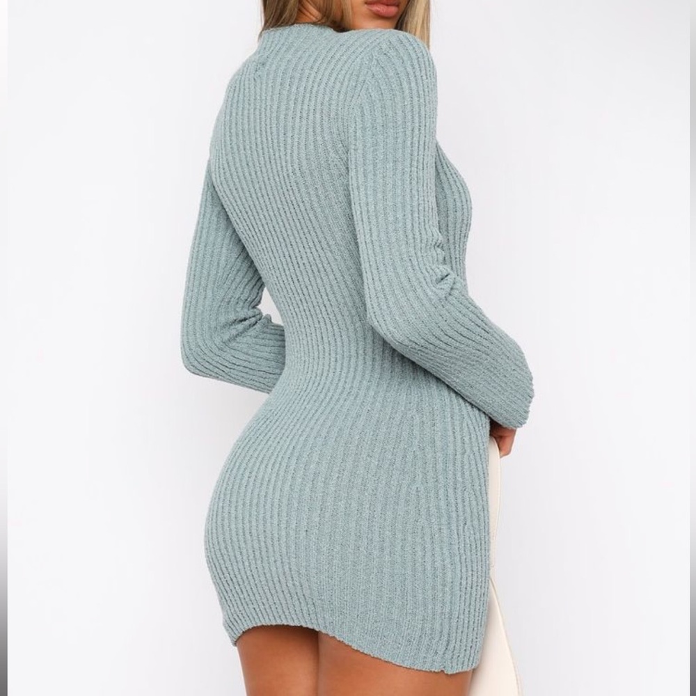 White Fox Boutique Long Sleeve Ribbed Knit Dress in Light Blue NWT